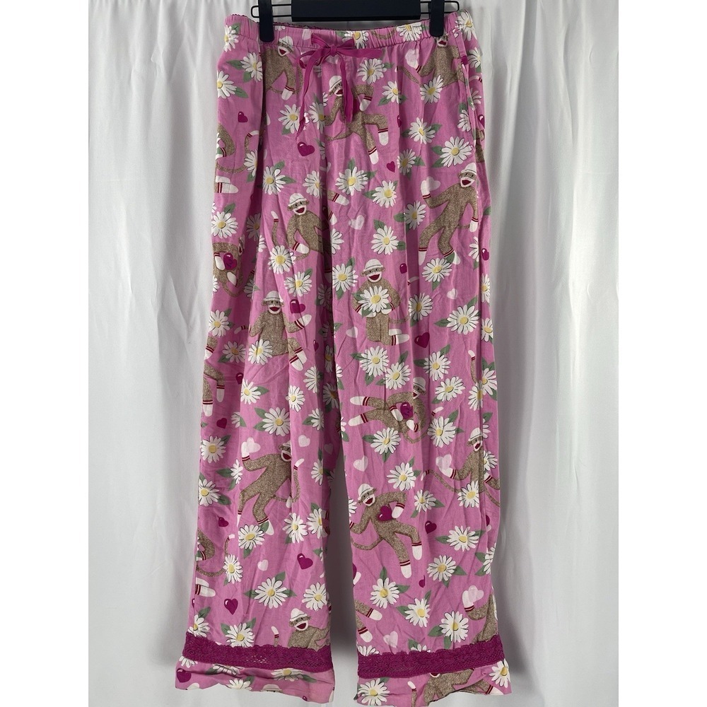 Nick and Nora Women's Pink Sock Monkey Daisy Print Pajama Pants Size Small